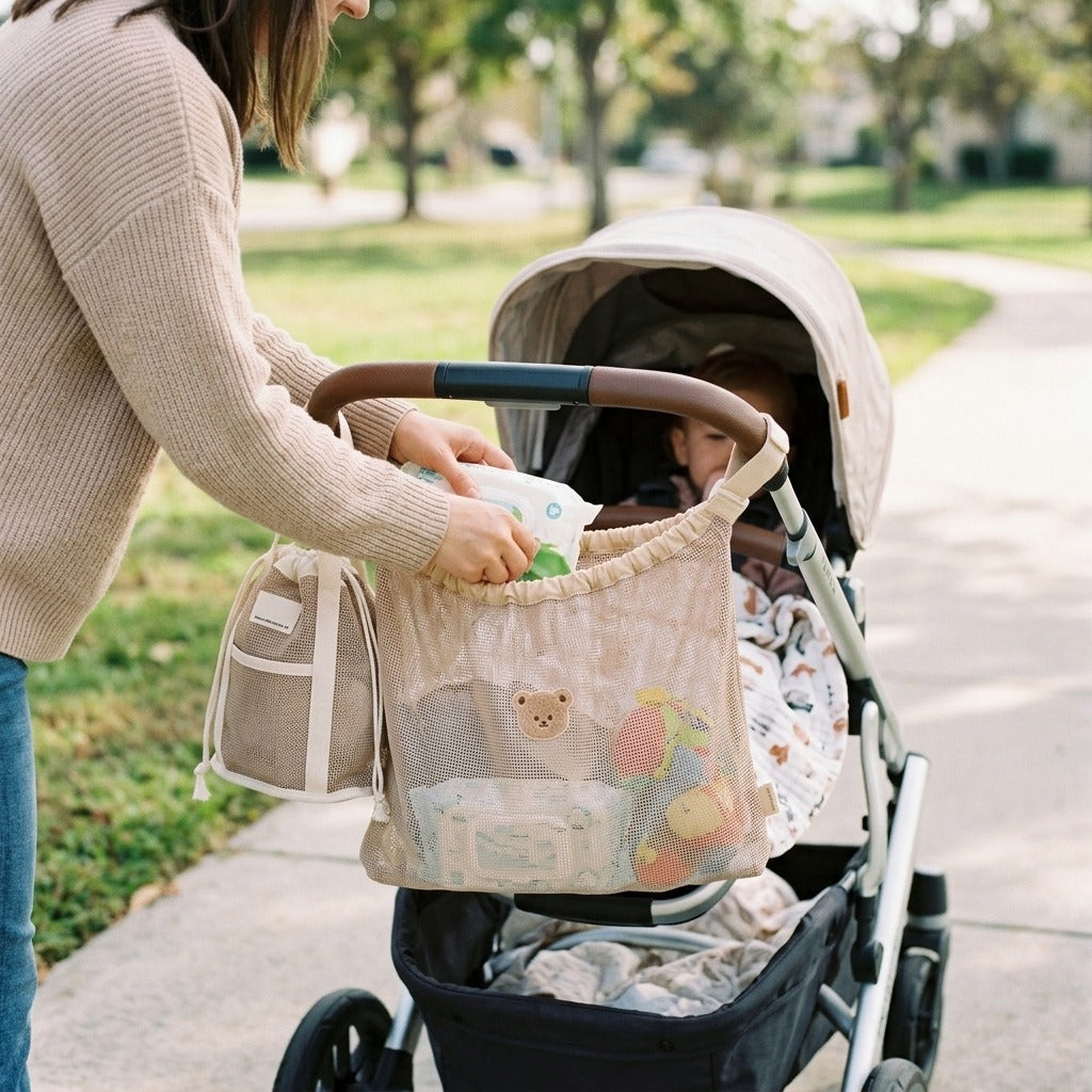 Hanging Stroller Bag for Baby Essentials - in use