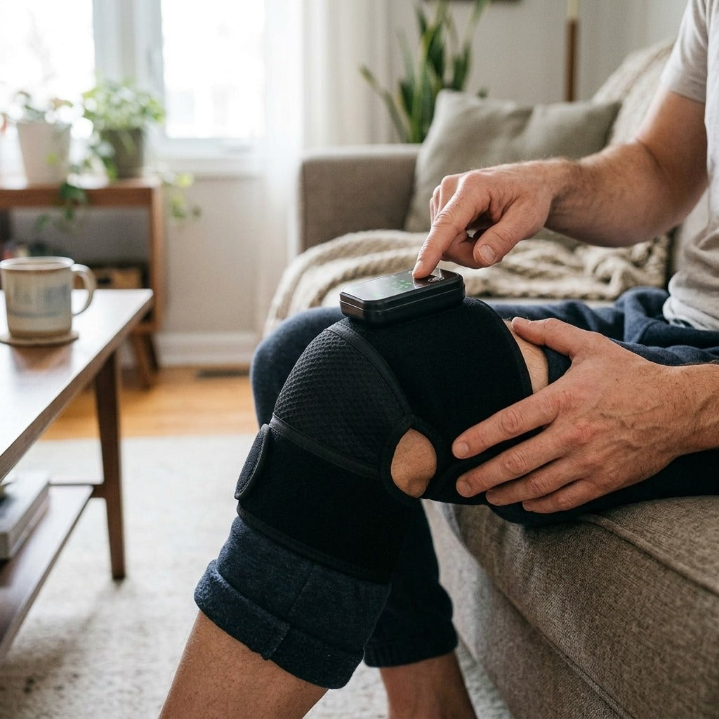 Heated Knee Massager with Vibration and Warm Compress, Rechargeable - in use