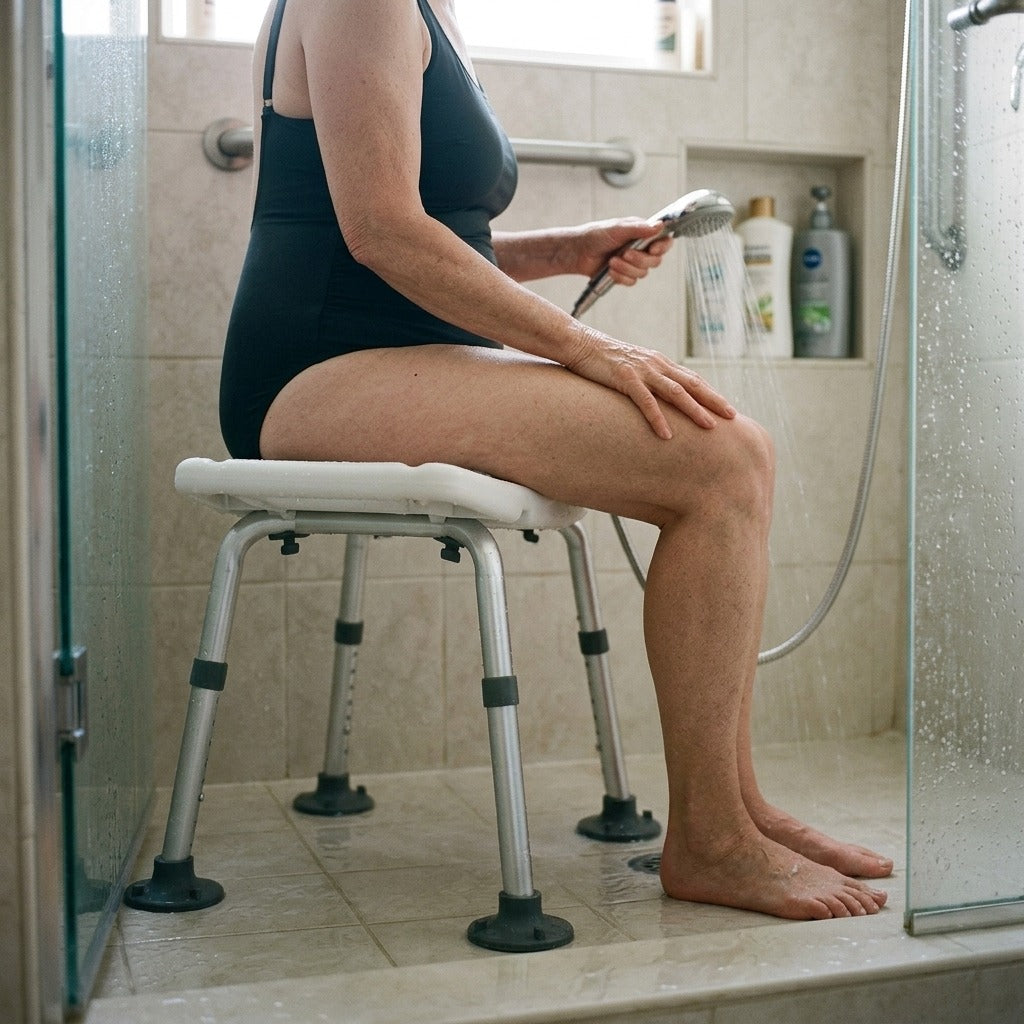 Height-Adjustable Cushioned Bath Stool - in use