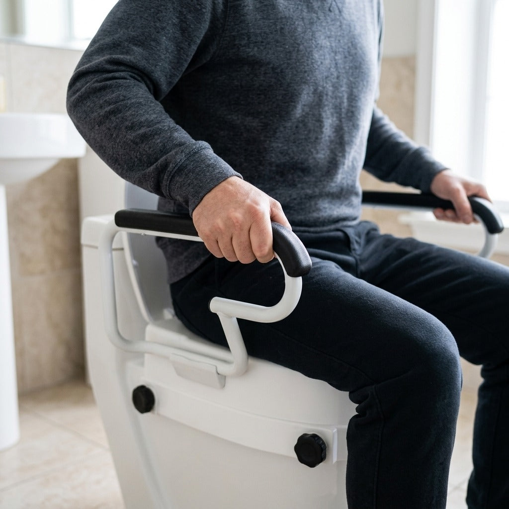 Height-Adjustable Raised Toilet Seat with Armrests - in use