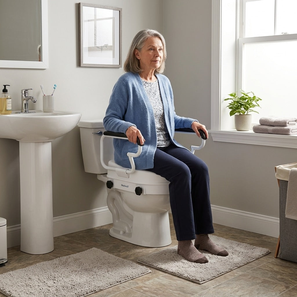 Height-Adjustable Raised Toilet Seat with Armrests - at home