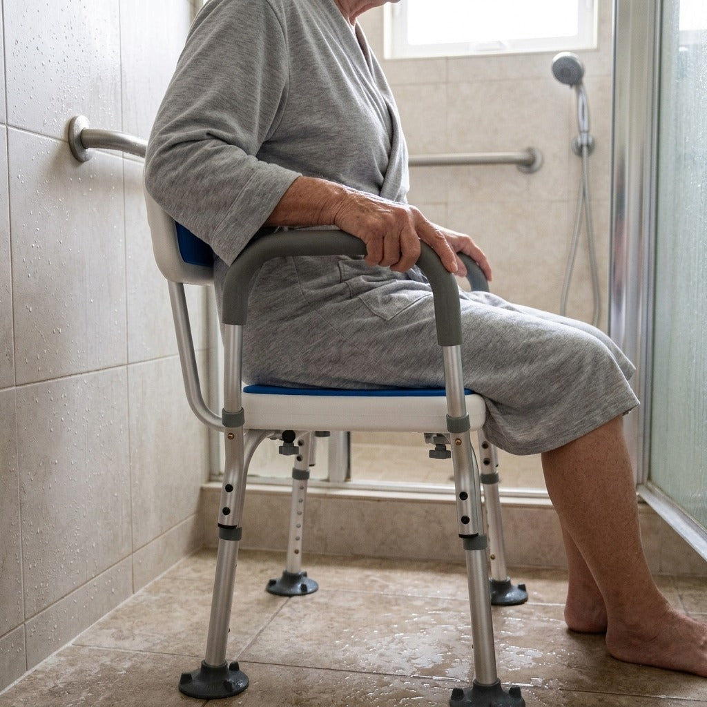 Height-Adjustable Shower Chair with Arms and Back - in use