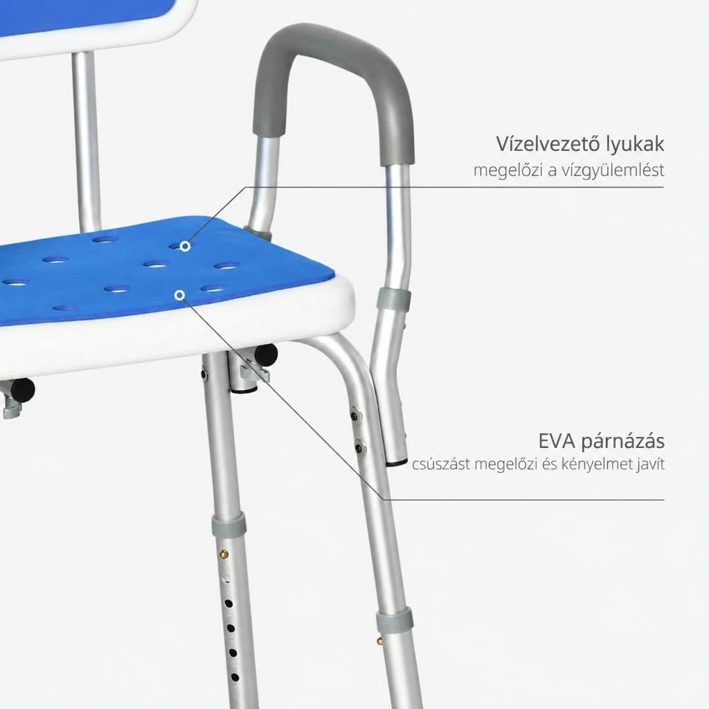 Zuhanyzószék kék EVA párnázással és vízelvezető lyukakkal ellátott ülőfelülettel.