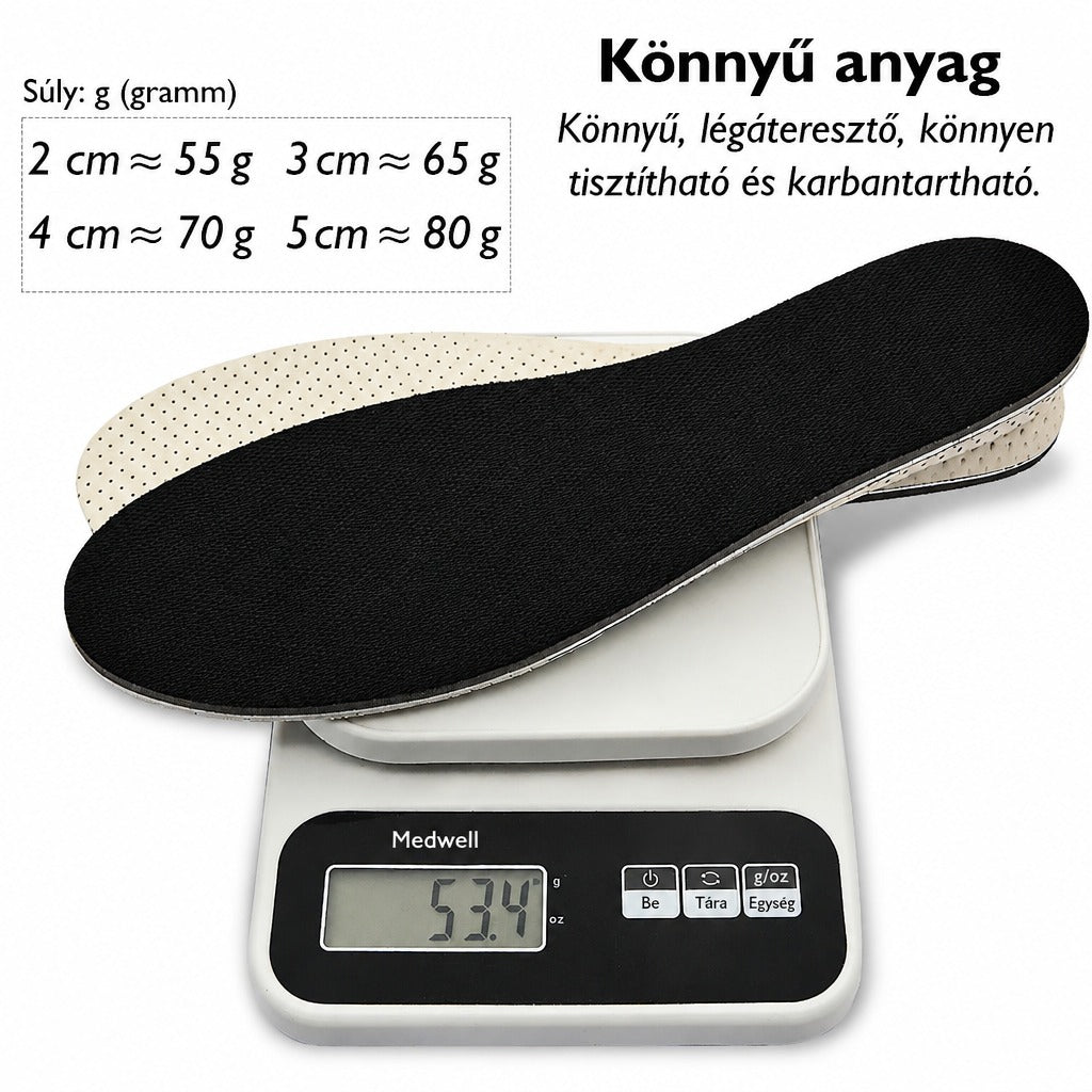 Digitális mérlegen lévő fekete talpbetétek a különböző vastagságokhoz tartozó súlyadatokkal.