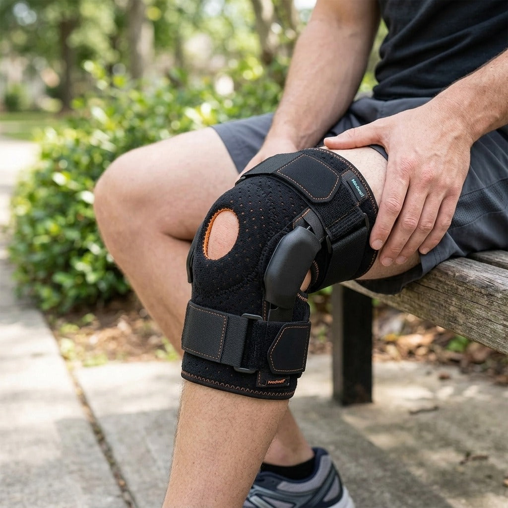Hinged Knee Brace with Compression - in use