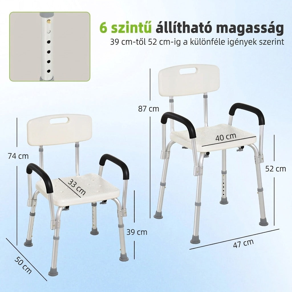 Állítható magasságú zuhanyszék méretei és beállítási lehetőségei 39 és 52 cm között.