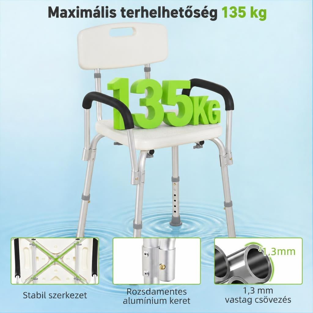 Zuhanyozószék 135 kg teherbírással, stabil rozsdamentes alumínium vázzal és 1,3 mm vastag csövezéssel.