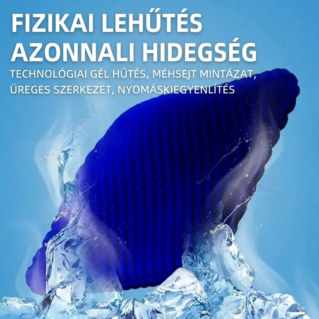 Kék zselés ülőpárna jégkockákon, hűsítő technológiát bemutató felirattal.