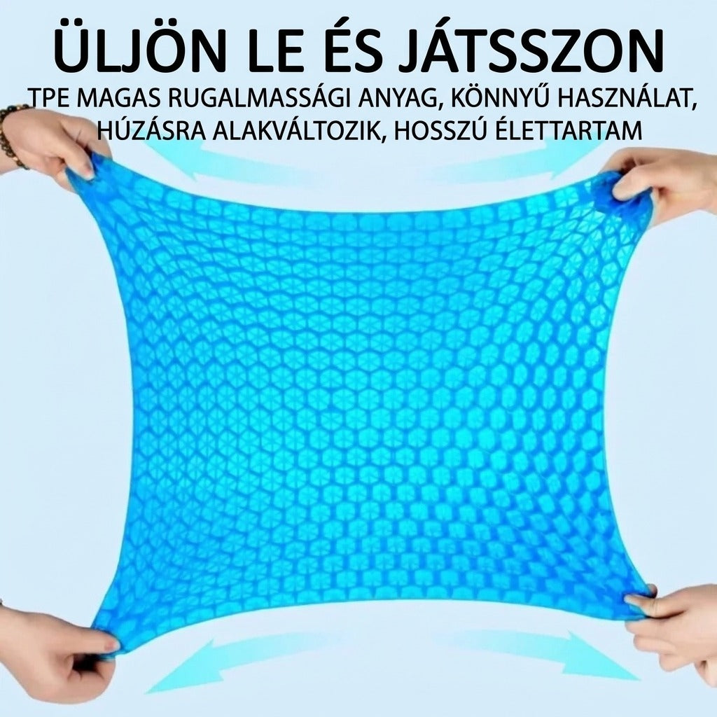 Két kézzel kifeszített, rendkívül rugalmas kék gélpárna bemutatása.
