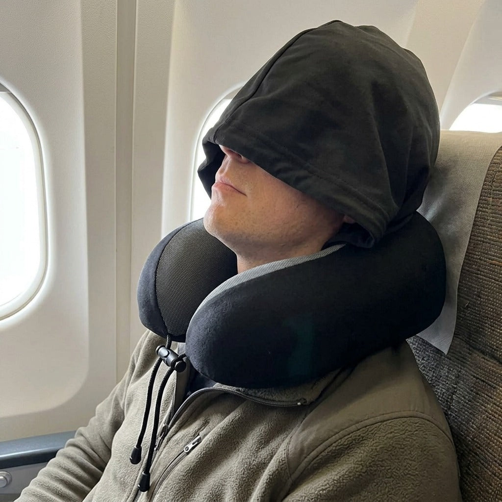 Hooded Memory Foam Travel Neck Pillow - in use