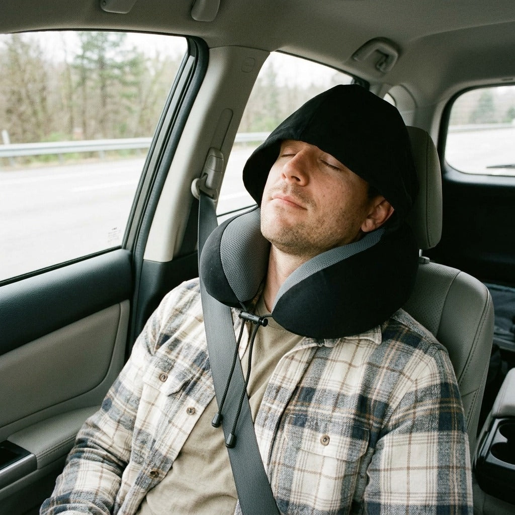 Hooded Memory Foam Travel Neck Pillow - in everyday life
