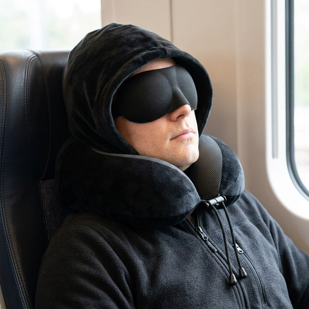 Hooded Travel Pillow with Eye Mask and Earplugs - in use