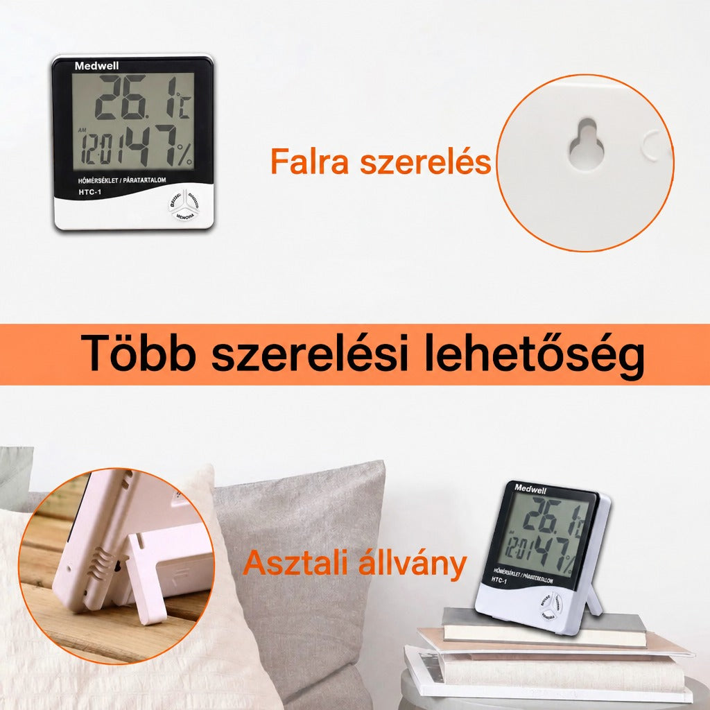 Digitális hőmérő és páratartalommérő falra szerelhető és asztali állványos kialakítással.