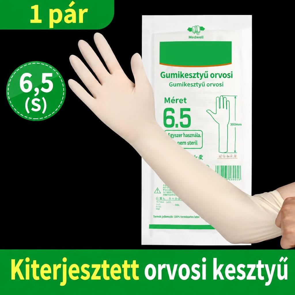 Hosszú szárú orvosi gumikesztyűt viselő kéz és a csomagolás.