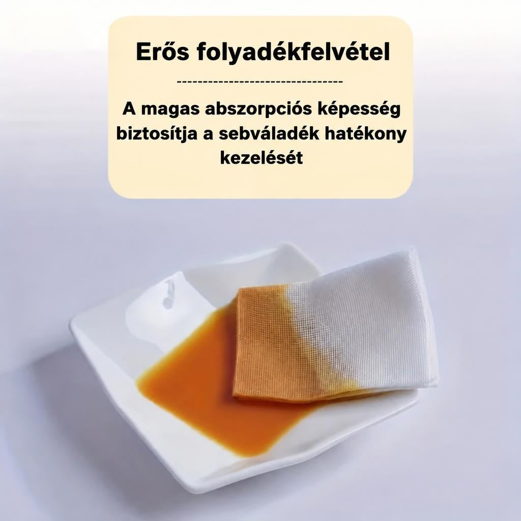 Folyadékot felszívó steril sebkötöző lap fehér tálcán.