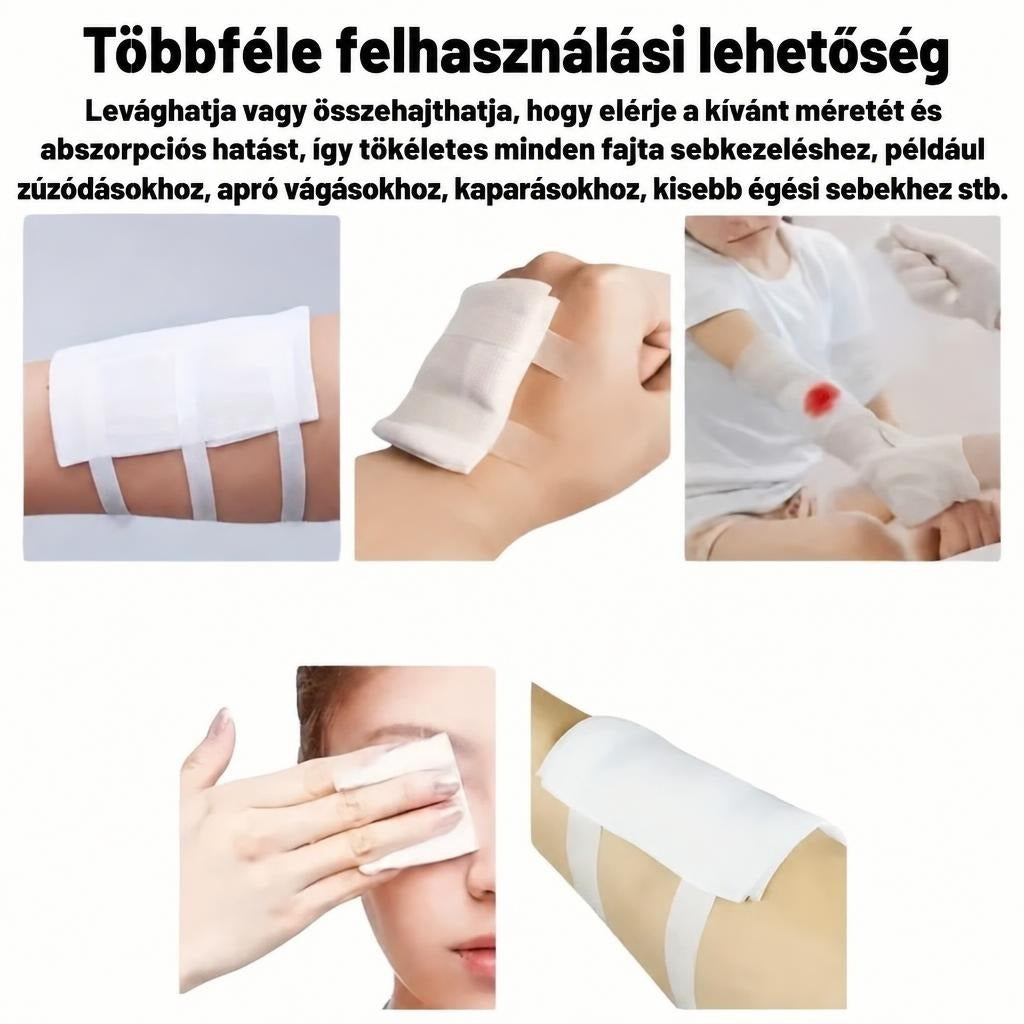Különböző testrészeken alkalmazott steril sebfedő lapok és kötszerek használata.