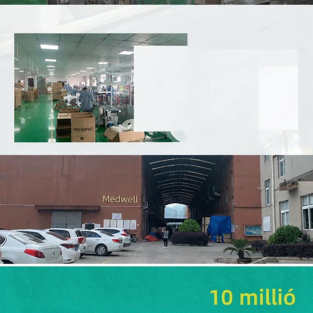 A Medwell gyártóüzeme és belső tere, alul 10 millió felirattal.