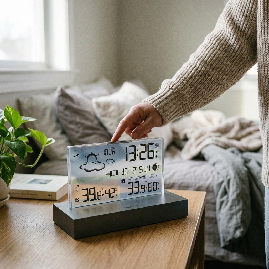 Indoor/Outdoor Weather Station with Clock and Calendar - in use