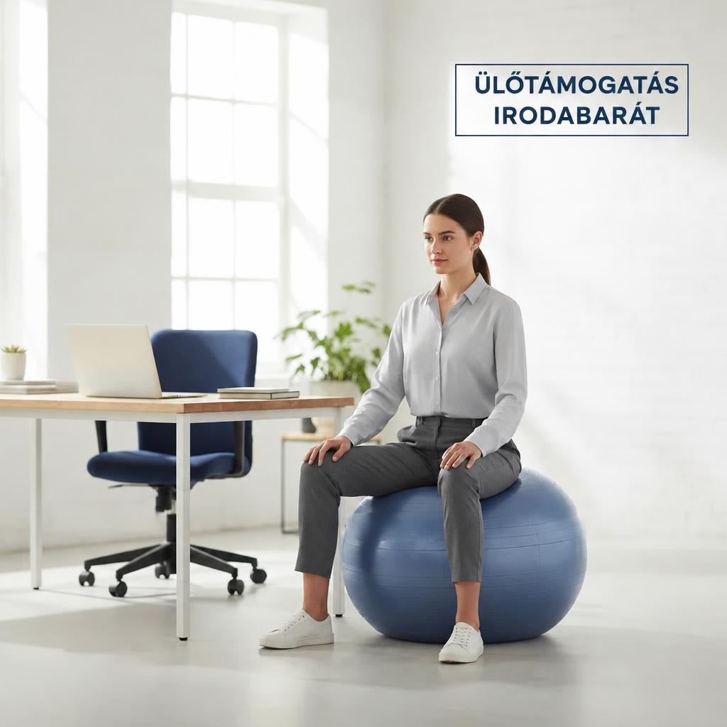 Irodában dolgozó nő egy nagy kék gimnasztikai labdán ülve az íróasztal mellett.
