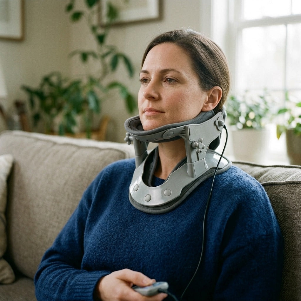 Inflatable Neck Support with Warming and Vibration - in use