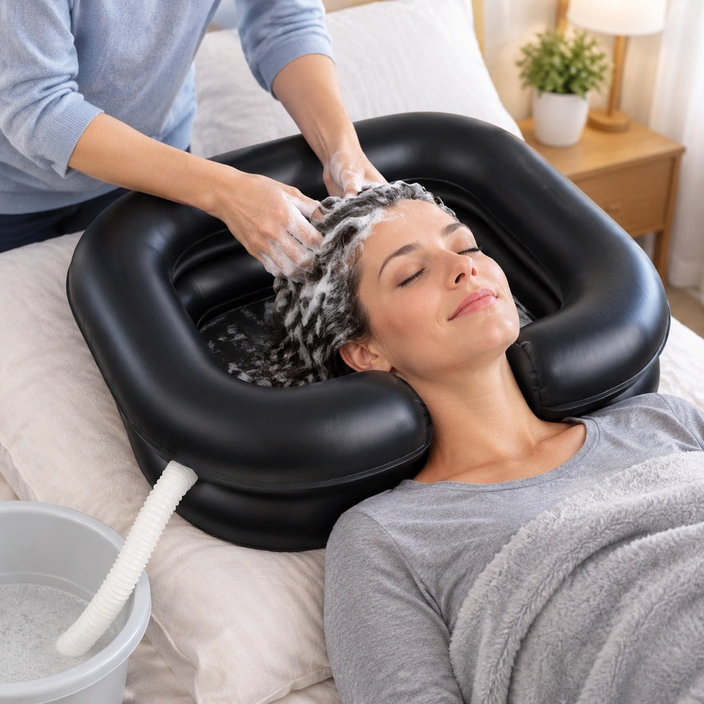 Inflatable Shampoo Basin with Drain Tube - in use