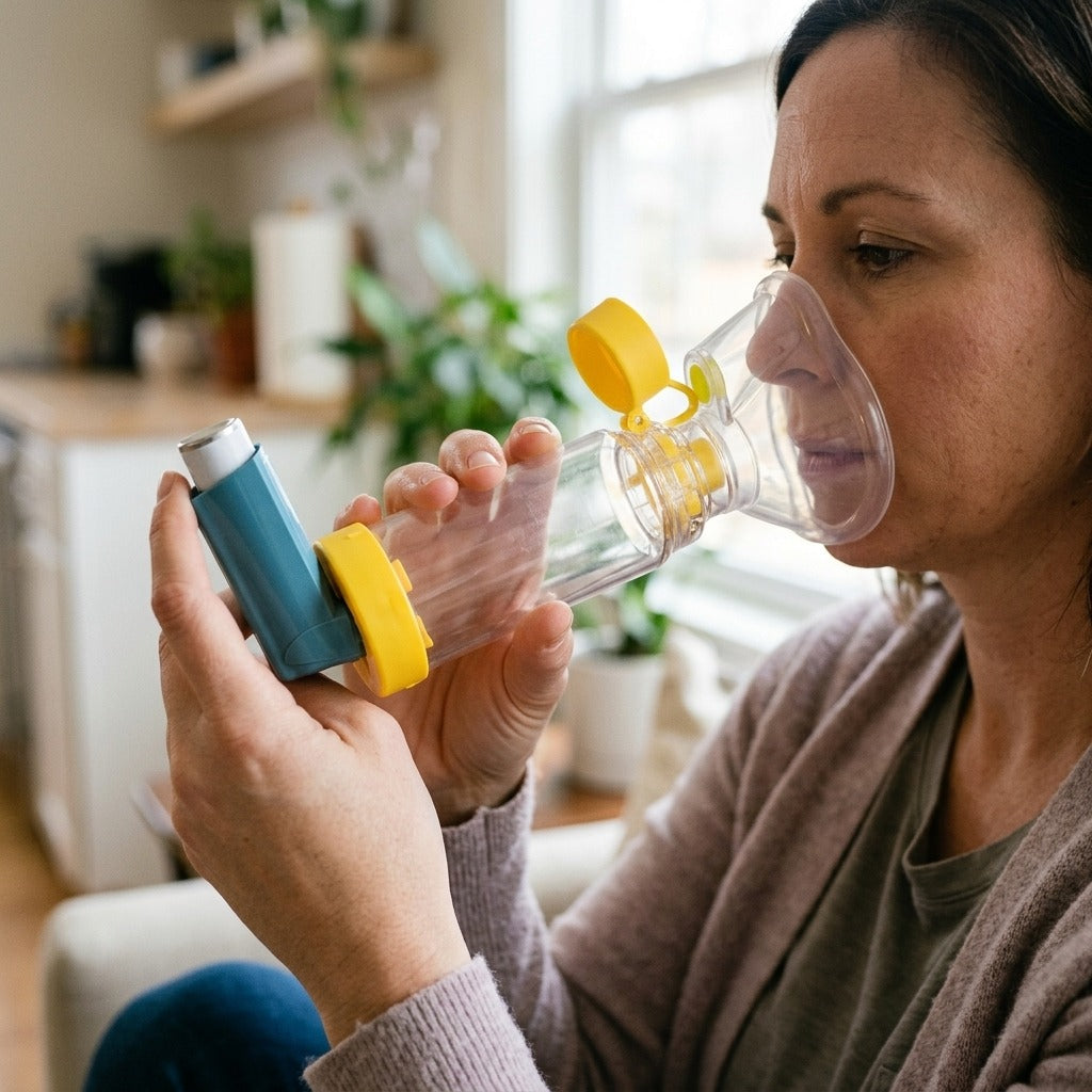 Inhaler Spacer with Mask, 175ml, S/M/L - in use