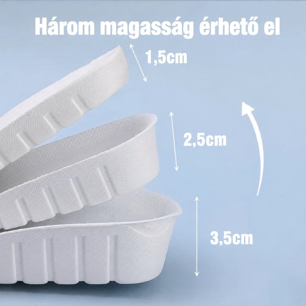 Három különböző magasságú (1,5 cm, 2,5 cm, 3,5 cm) sarokemelő talpbetét réteg.