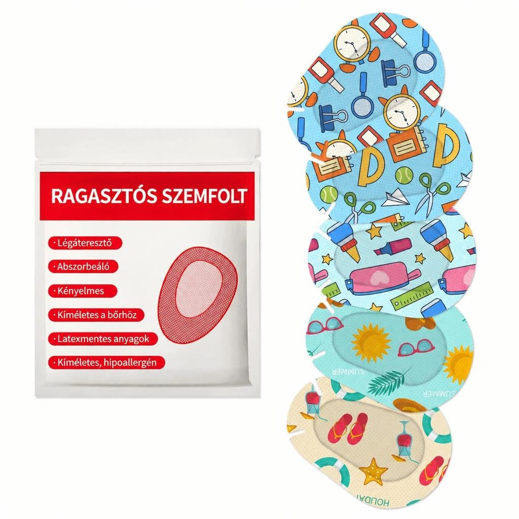 Mintás ragasztós gyermek szemfoltok és csomagolásuk termékjellemzőkkel.