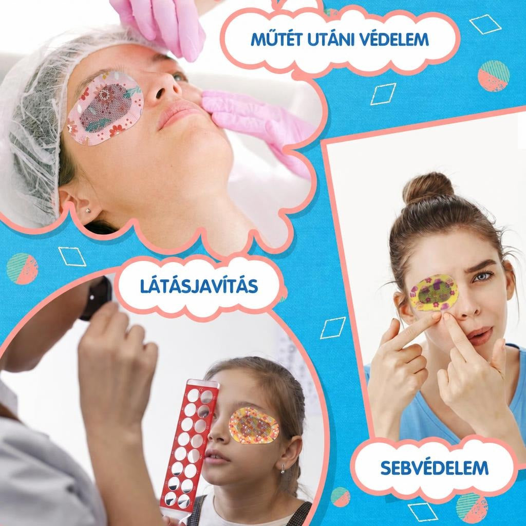 Mintás szemtapasz használata műtét utáni védelemre, látásjavításra és sebvédelemre különböző helyzetekben.
