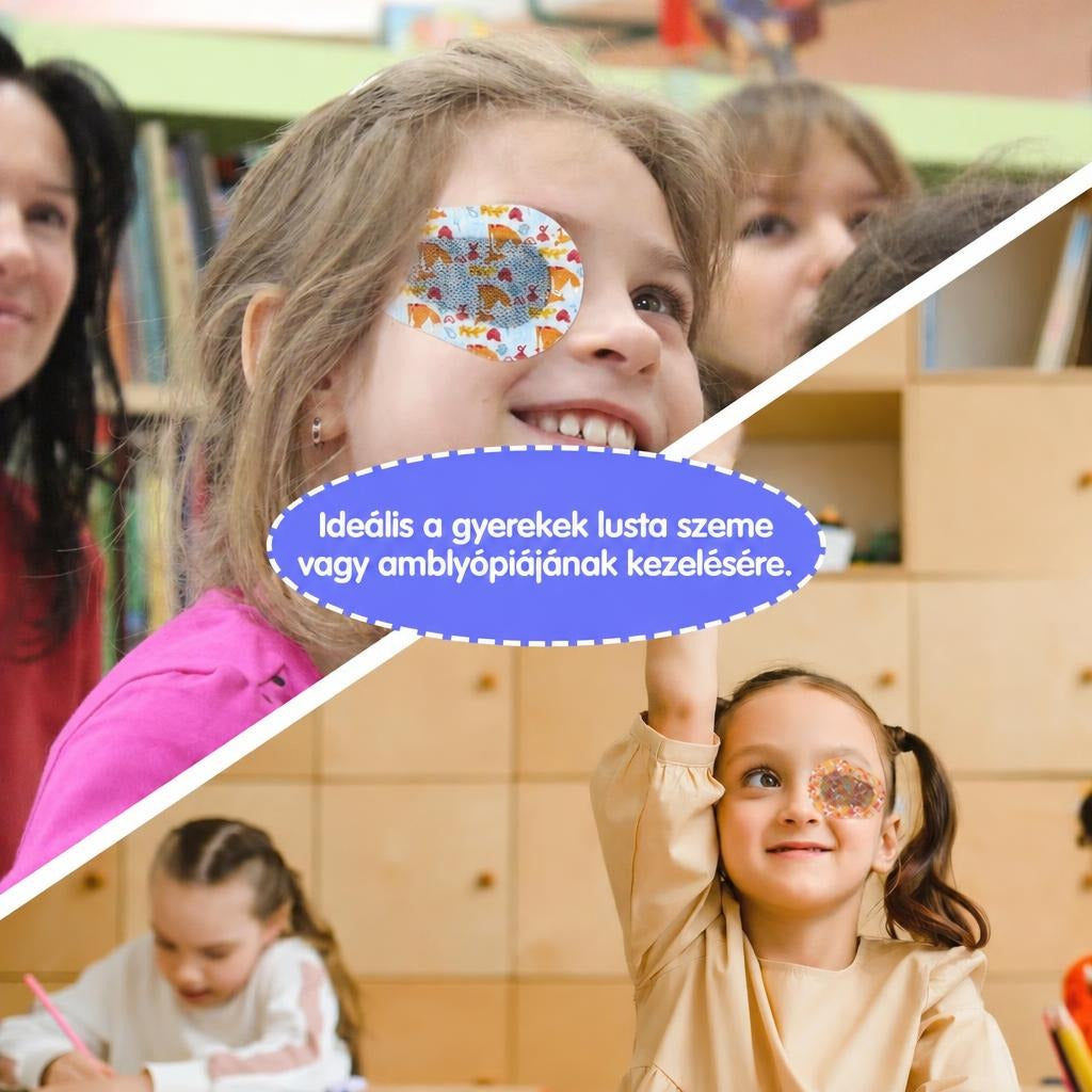 Mintás szemtapaszt viselő kislány a tompalátás kezelésére az osztályteremben.