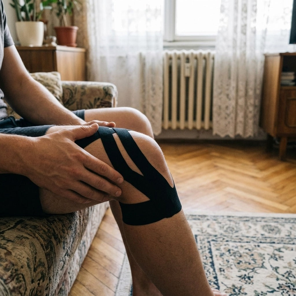 Kineziológiai tapasz térdtámaszhoz, 10 darab - használat közben