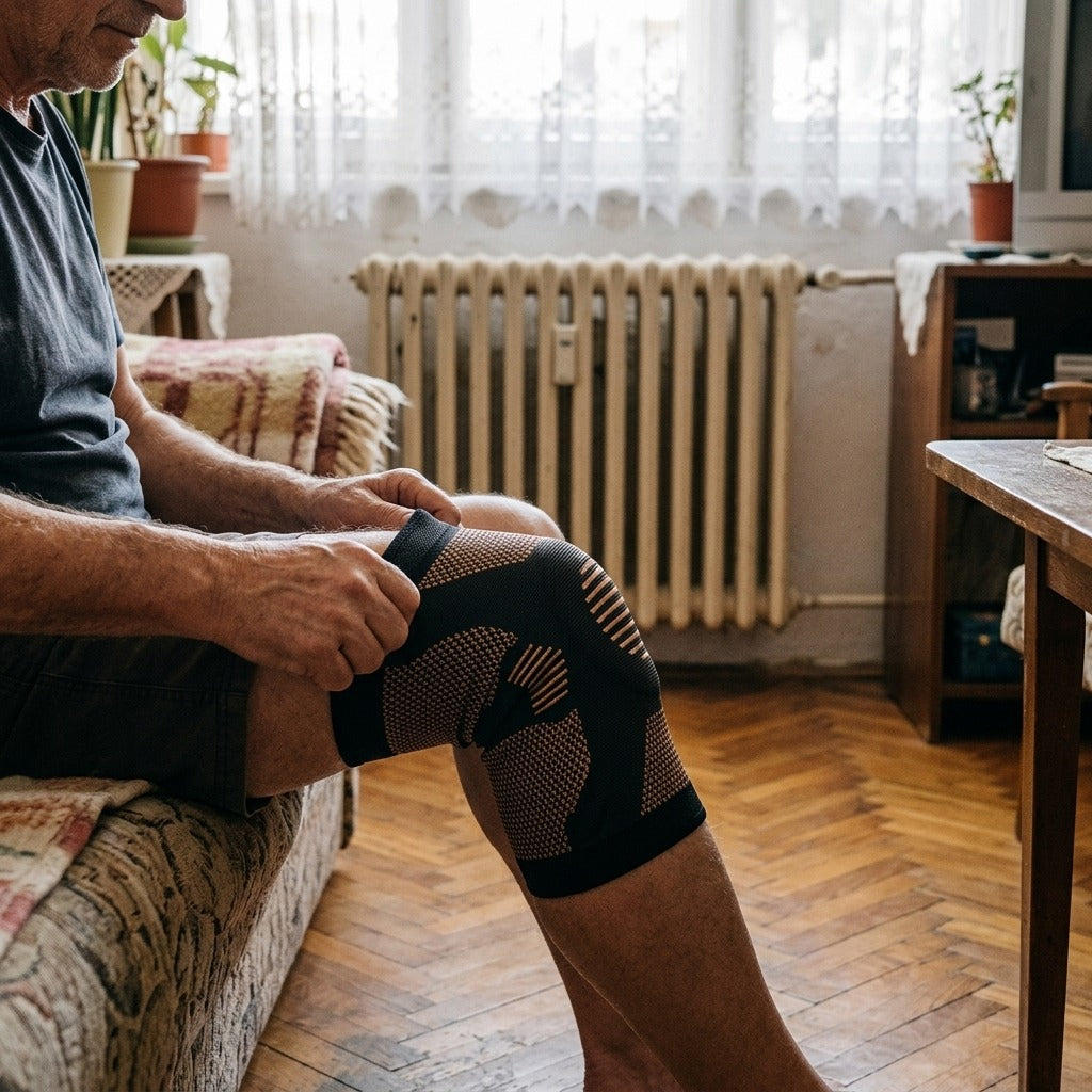 Térdrögzítő gélpárnával és oldalsó stabilizátorokkal - használat közben