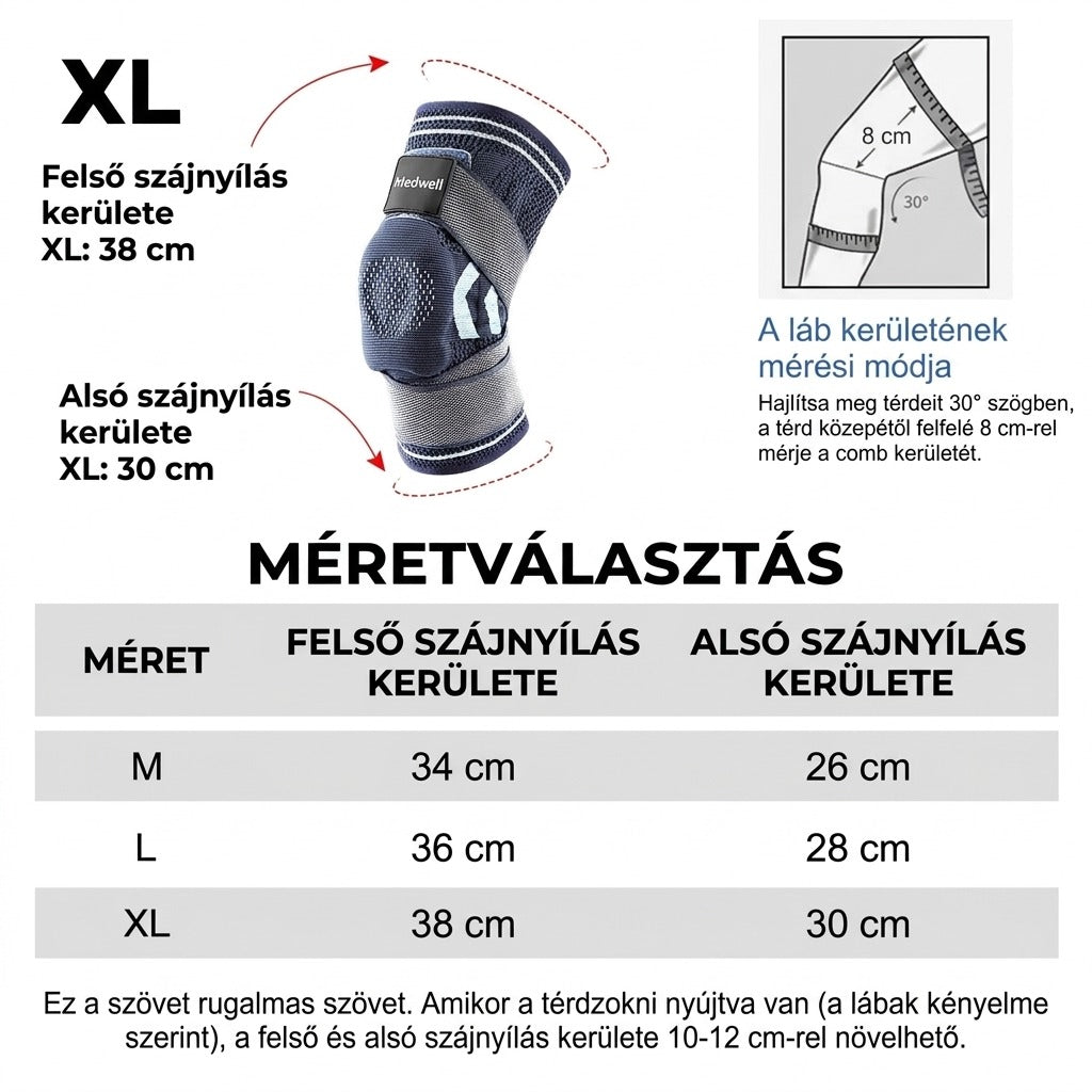XL térdzokni méretei: felső 38cm, alsó 30cm; mérési utasítások.