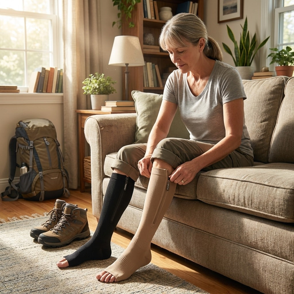 Knee-High Compression Socks for Hiking and Running - at home