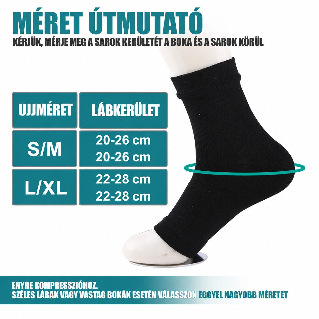 Méret útmutató fekete kompressziós bokazoknihoz mérettáblázattal és mérési segédlettel.