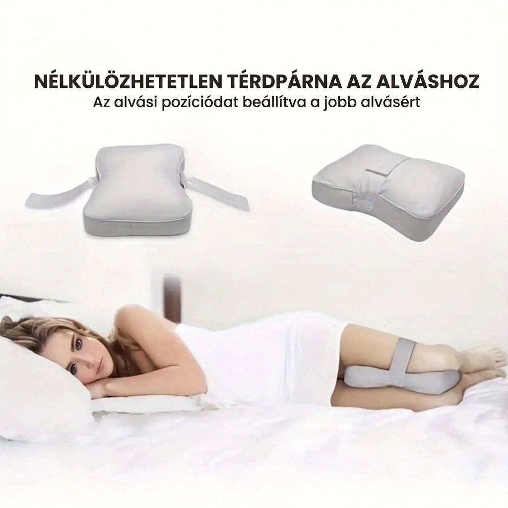 Ergonómikus térdpárna alváshoz pánttal, az ágyban fekvő nő térdei között illusztrálva.