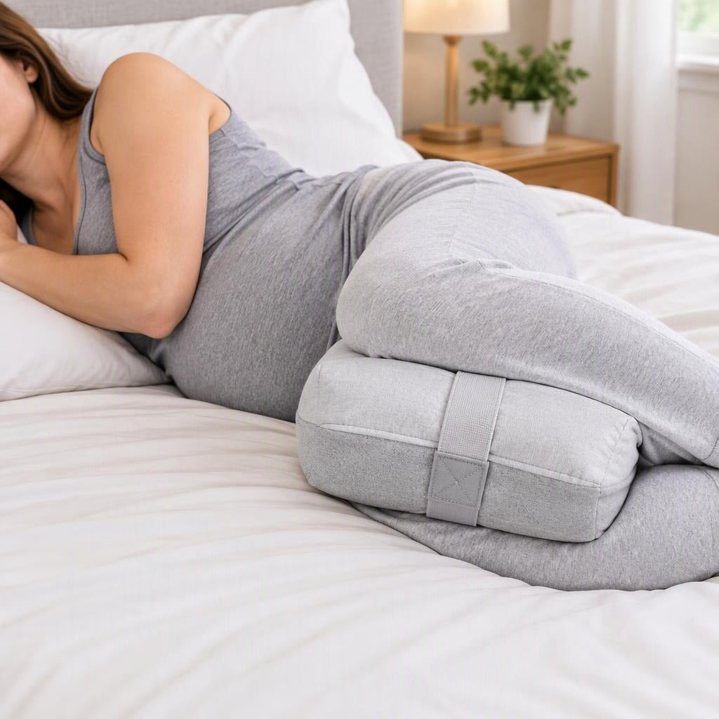 Knee Pillow with Adjustable Strap and Washable Cover - in use