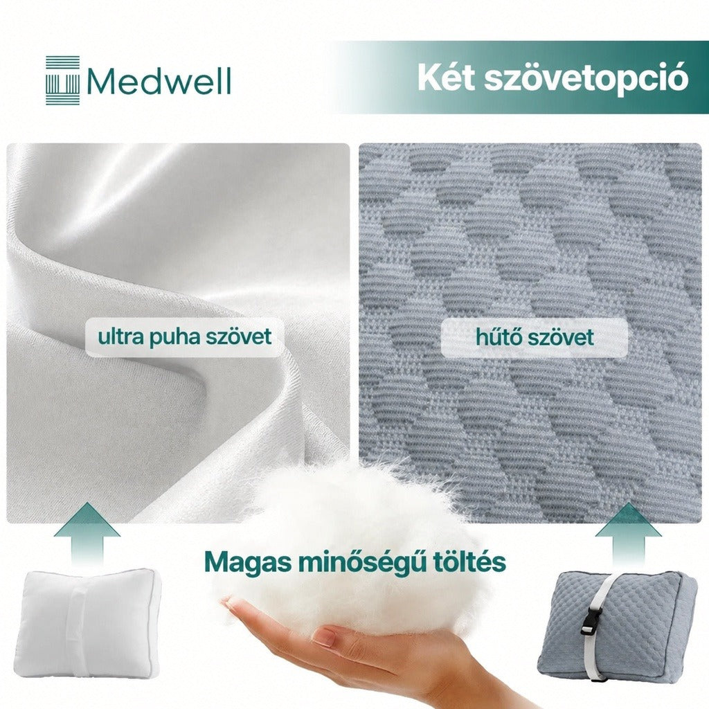 Párna anyagainak és töltetének bemutatása: ultra puha szövet, hűtő szövet és magas minőségű töltés.