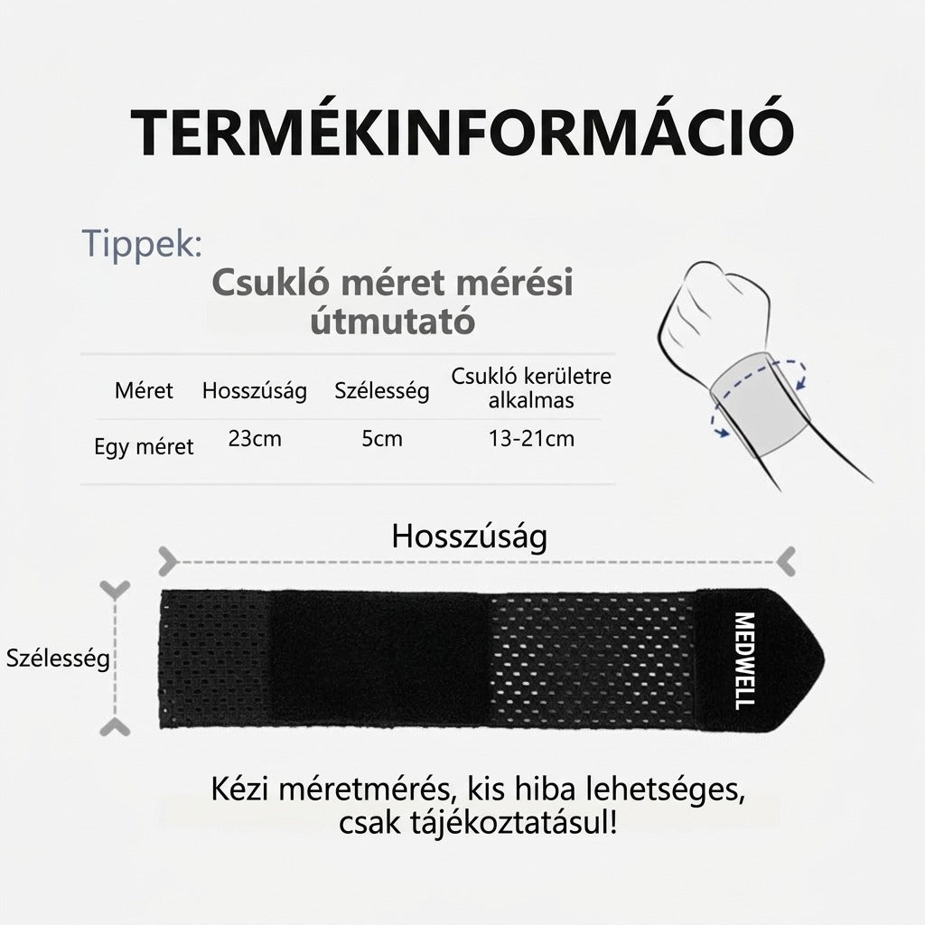 Csukló támogatás termékinformáció mérettáblázattal.