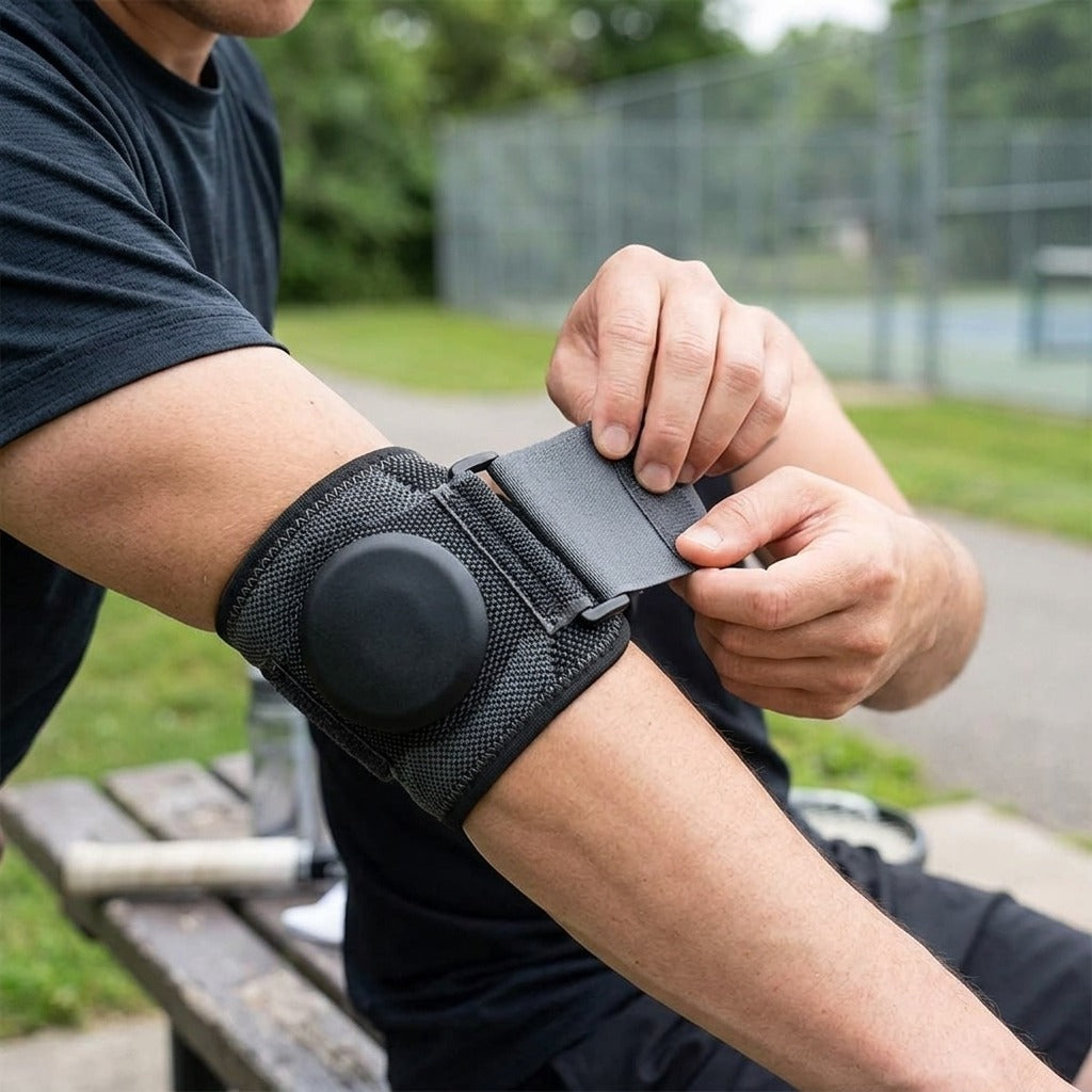 Knitted Elbow Strap with Gel Pad - in use