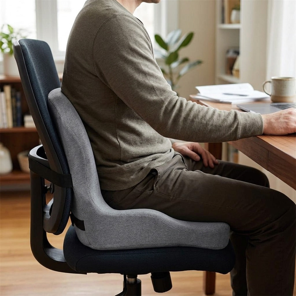 L-Shaped Memory Foam Seat Cushion with Fixing Strap, Coccyx Support - in use