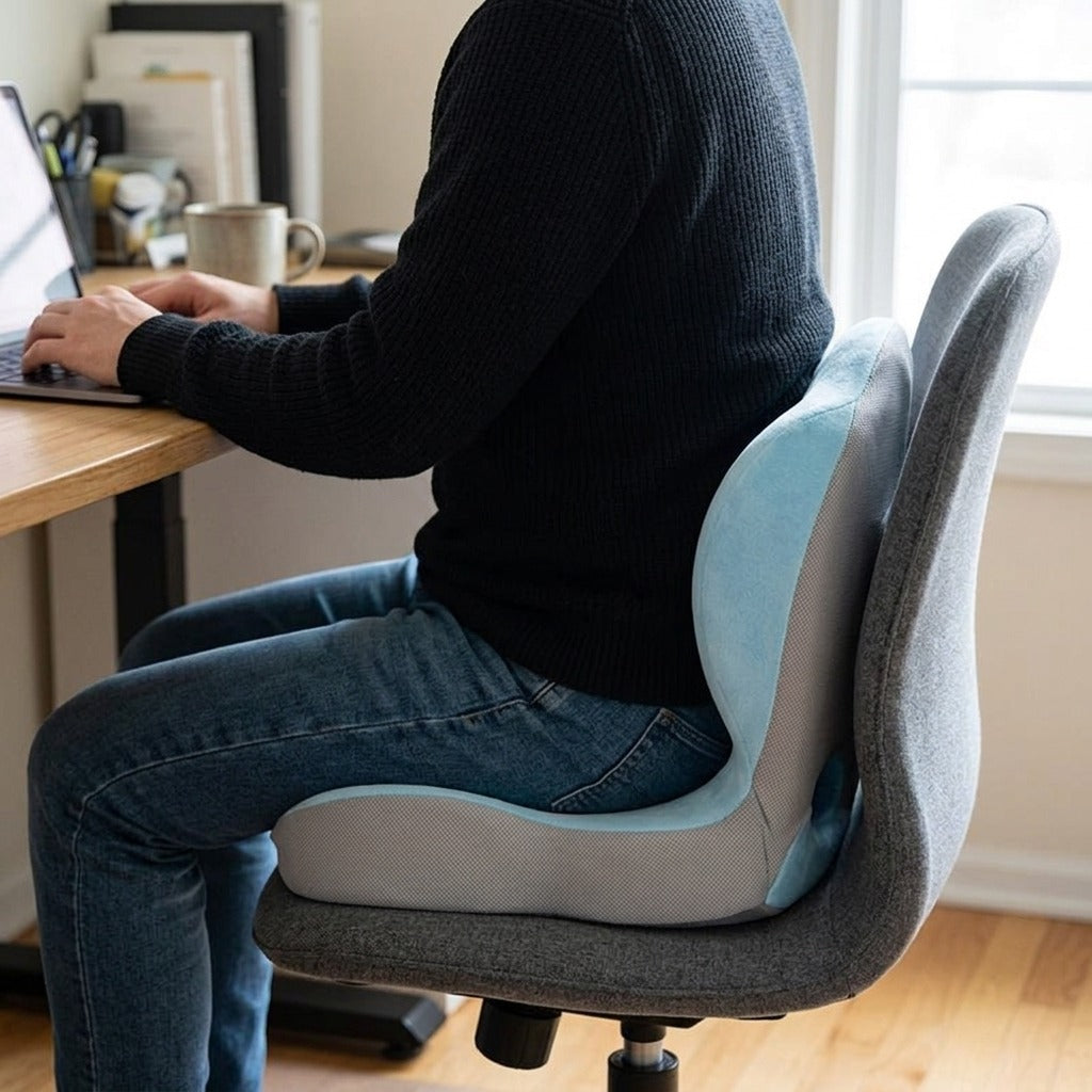L-Shaped Memory Foam Seat Cushion with Lumbar Support - in use