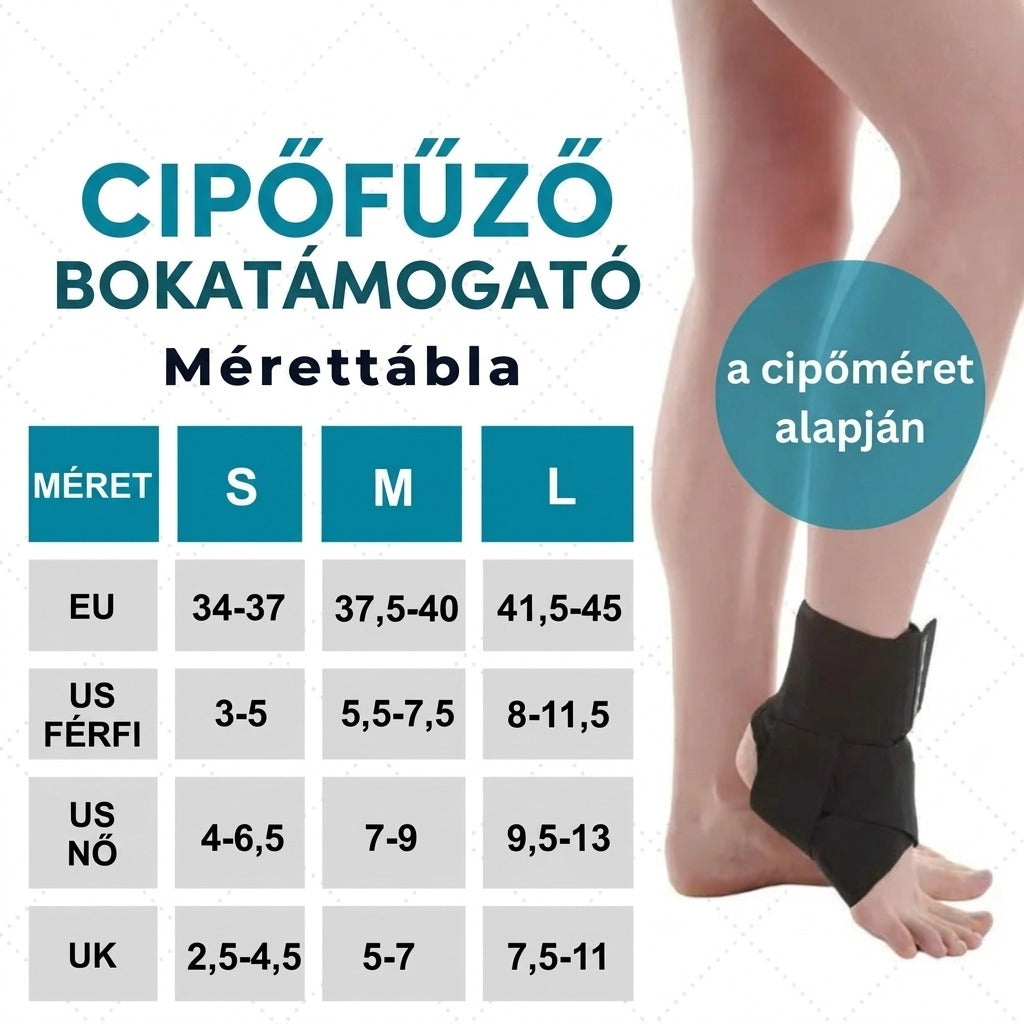 Cipőfűző bokatámogatás mérettáblával és cipőméret alapján