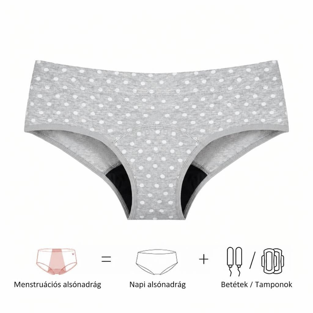 Szürke pöttyös menstruációs bugyi funkcióját bemutató infografika.