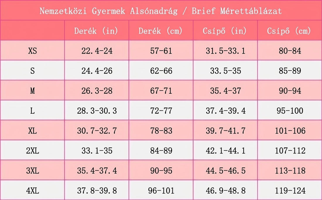Nemzetközi gyermek alsónadrág mérettáblázat derék- és csípőméretekkel.
