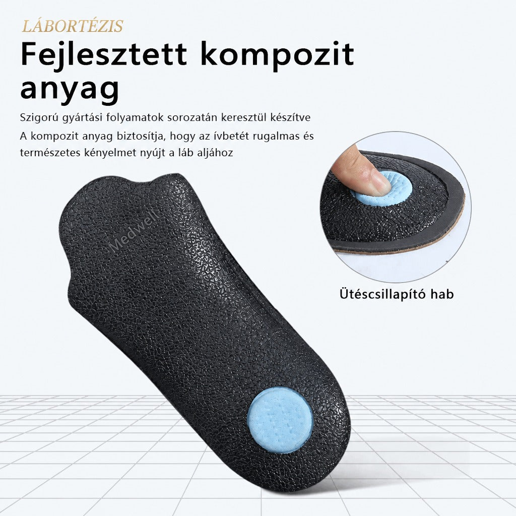 Fekete kompozit anyagú lábortézis kék ütéscsillapító hab betéttel a sarokrészen.