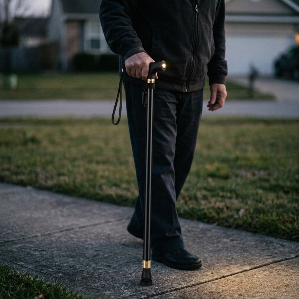 LED Light Walking Stick, Adjustable Aluminum with Non-Slip Base - in use