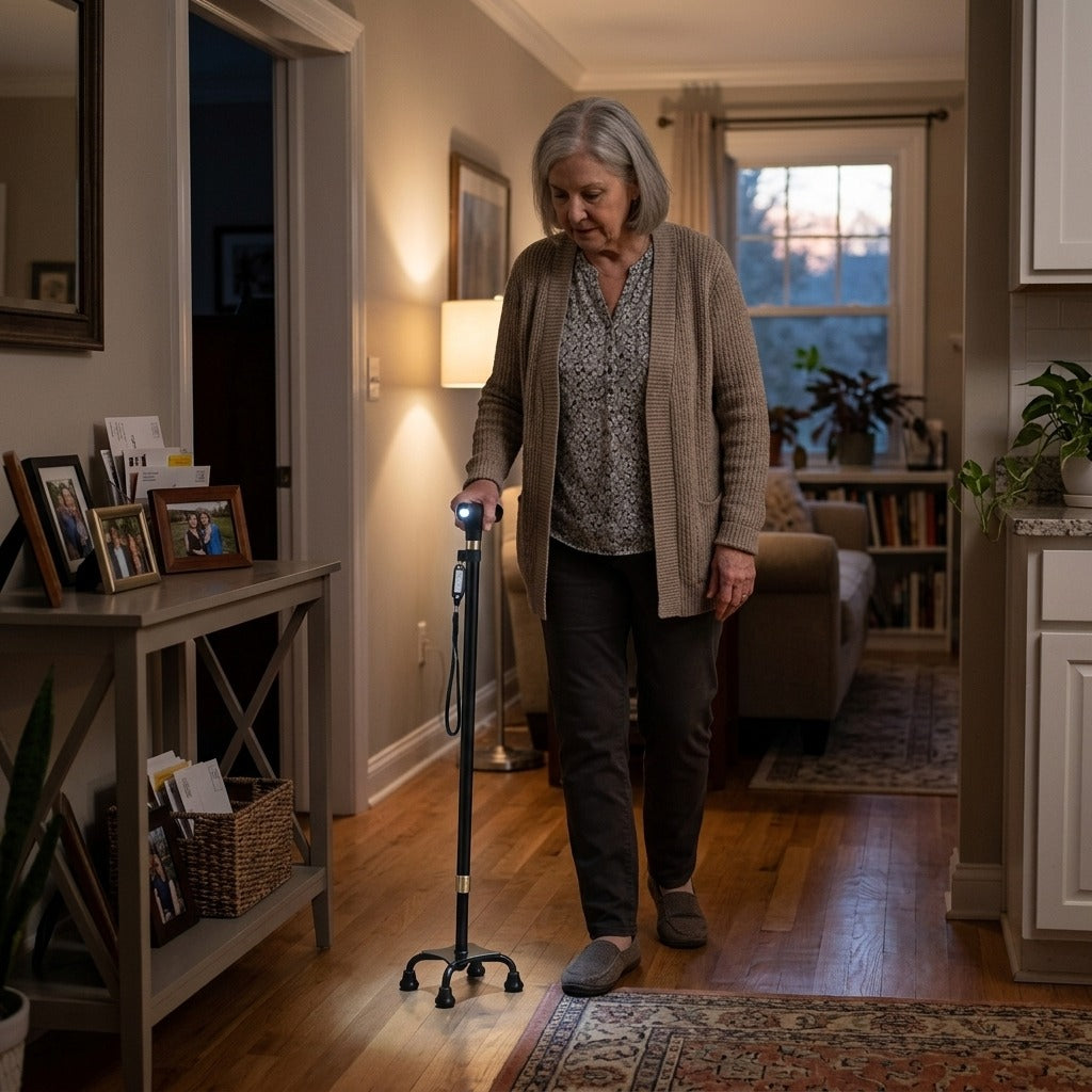 LED Light Walking Stick, Adjustable Aluminum with Non-Slip Base - at home