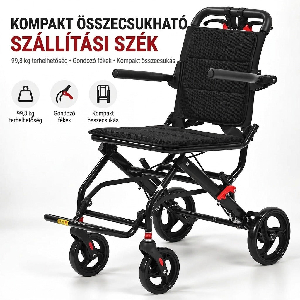 Fekete, kompakt összecsukható szállítási szék négy kerékkel és lábtartóval.