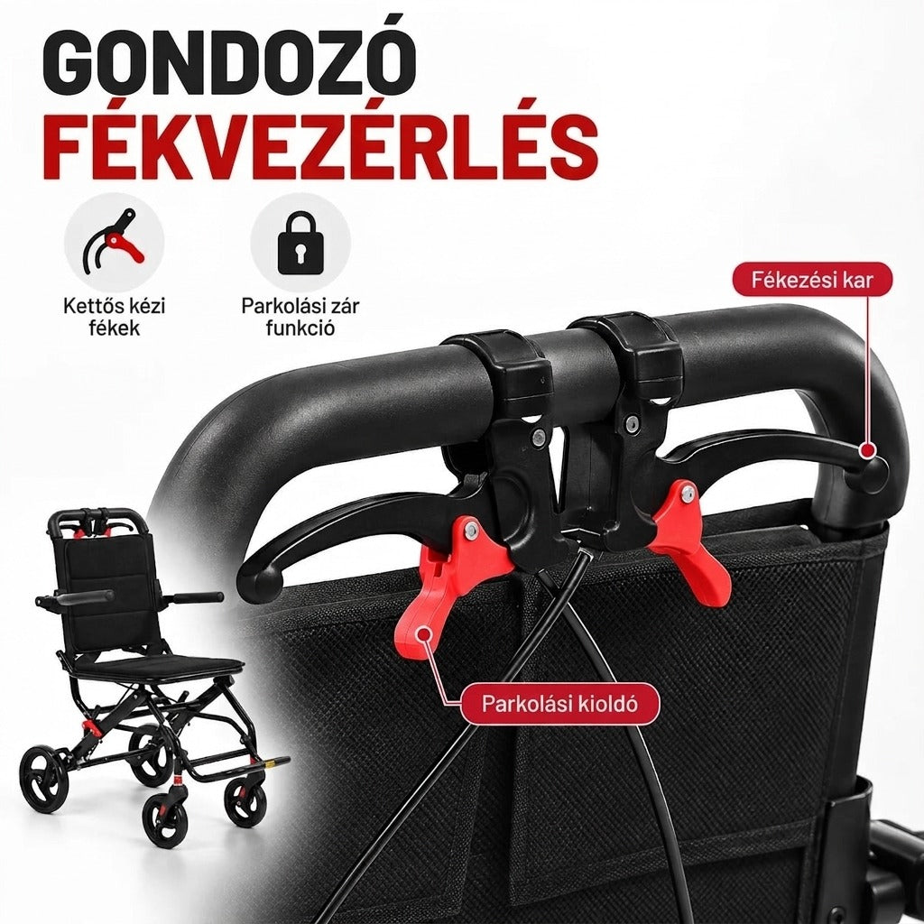 Összecsukható kerekesszék gondozói fékrendszere kézifékekkel és parkolási funkcióval.